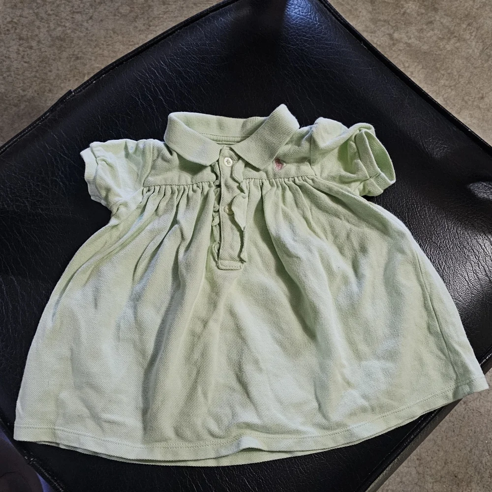 Ralph Lauren Girls Ruffle Trim Cotton Dress Green Pink Pony 6M Quality‎